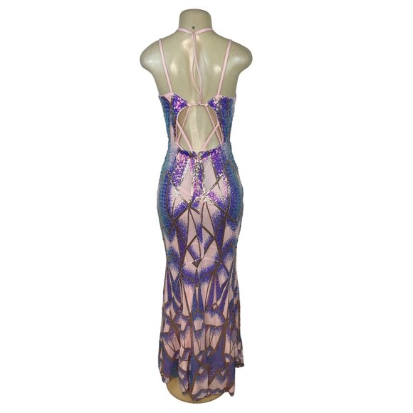 Giffniseti Women’s Pink Sequin Halter Neck Backless Maxi Dress Sz S - New - Picture 4 of 11